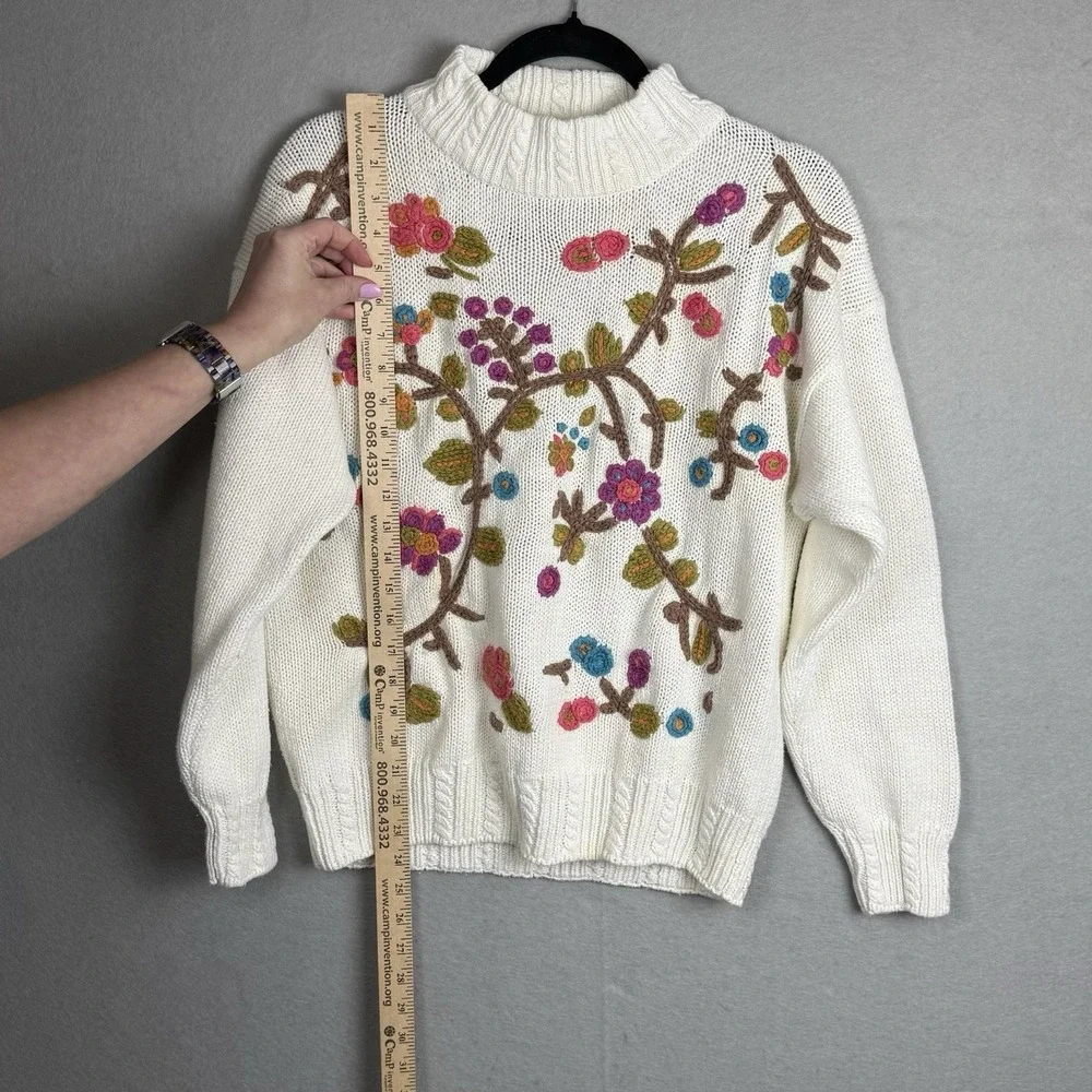 Vtg Cable Knit Mock Neck Sweater Spring Floral Embroidered Grandmacore Med *read
